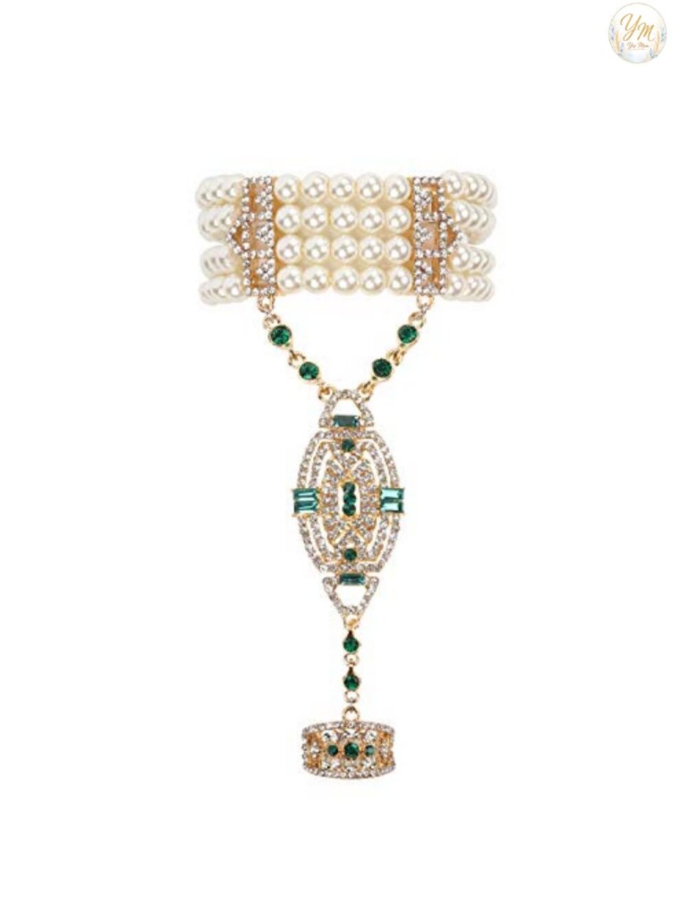 Flapper Bracelet Ring Set Imitation Pearl Crystal Gatsby Jewelry